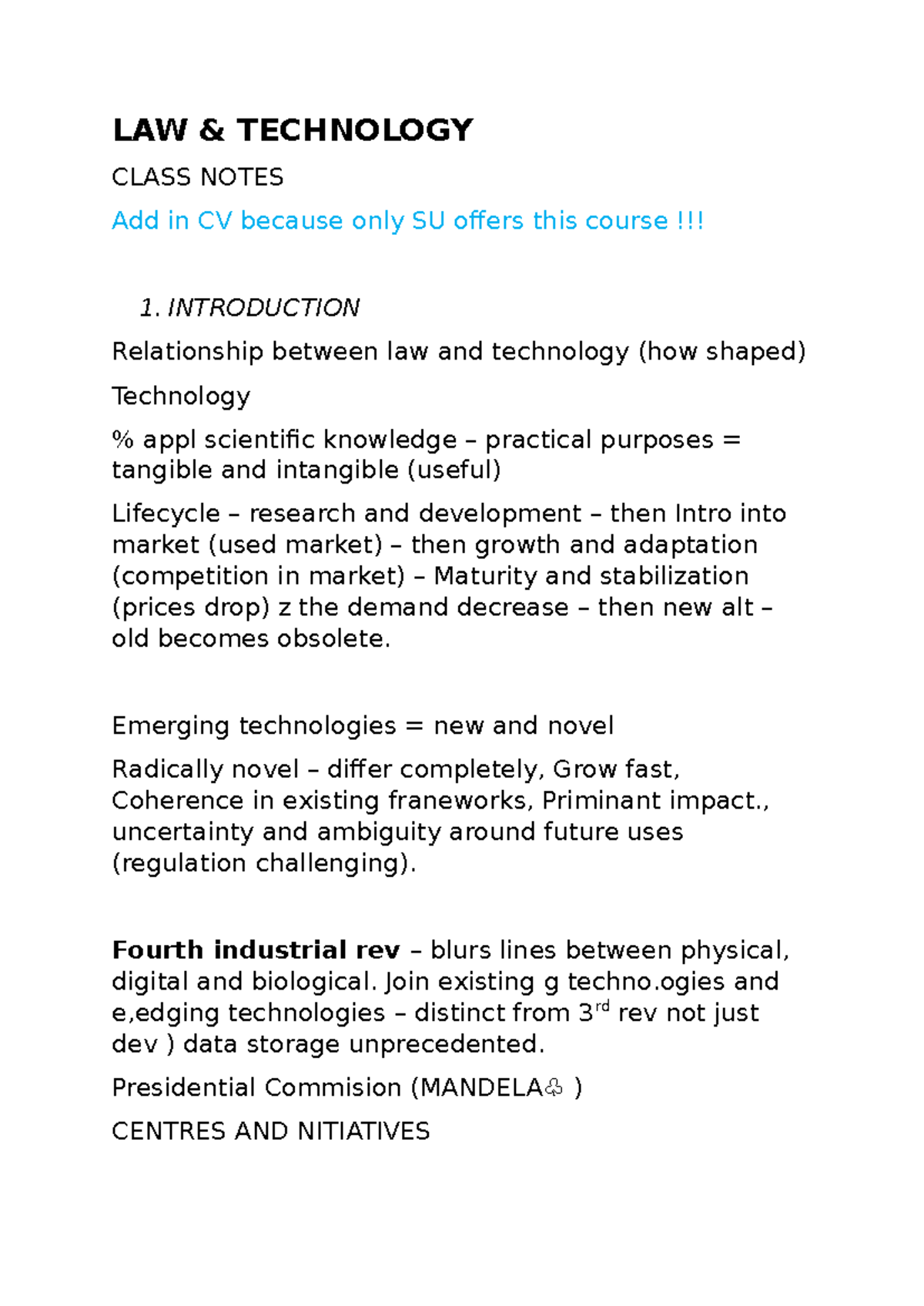 Class Notes - LAW 101: The Intersection of Law and Technology - Studocu