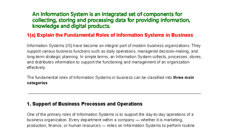 MIS-1 Notes: Fundamental Roles of Information Systems in Business - Studocu