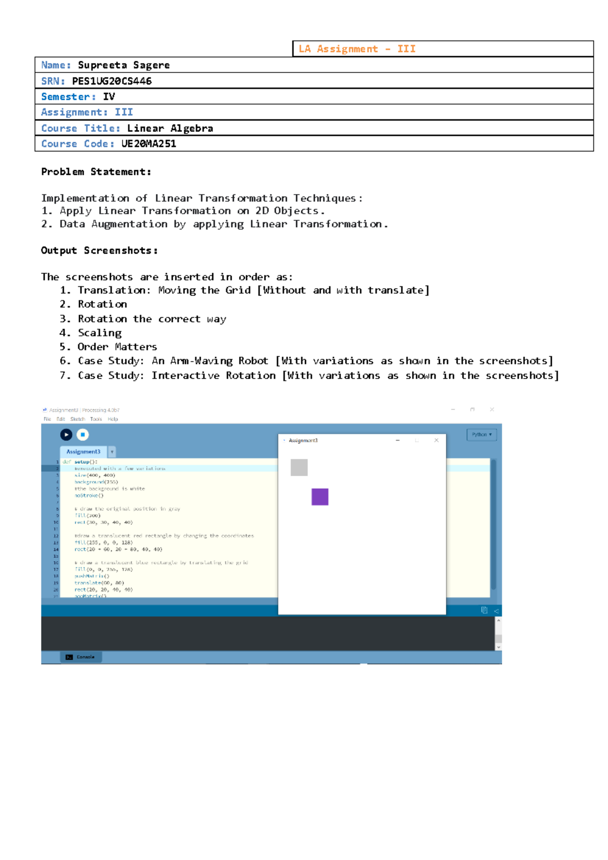 PES1UG20CS446 Linear Algebra Assignment 3: Linear Transformation ...