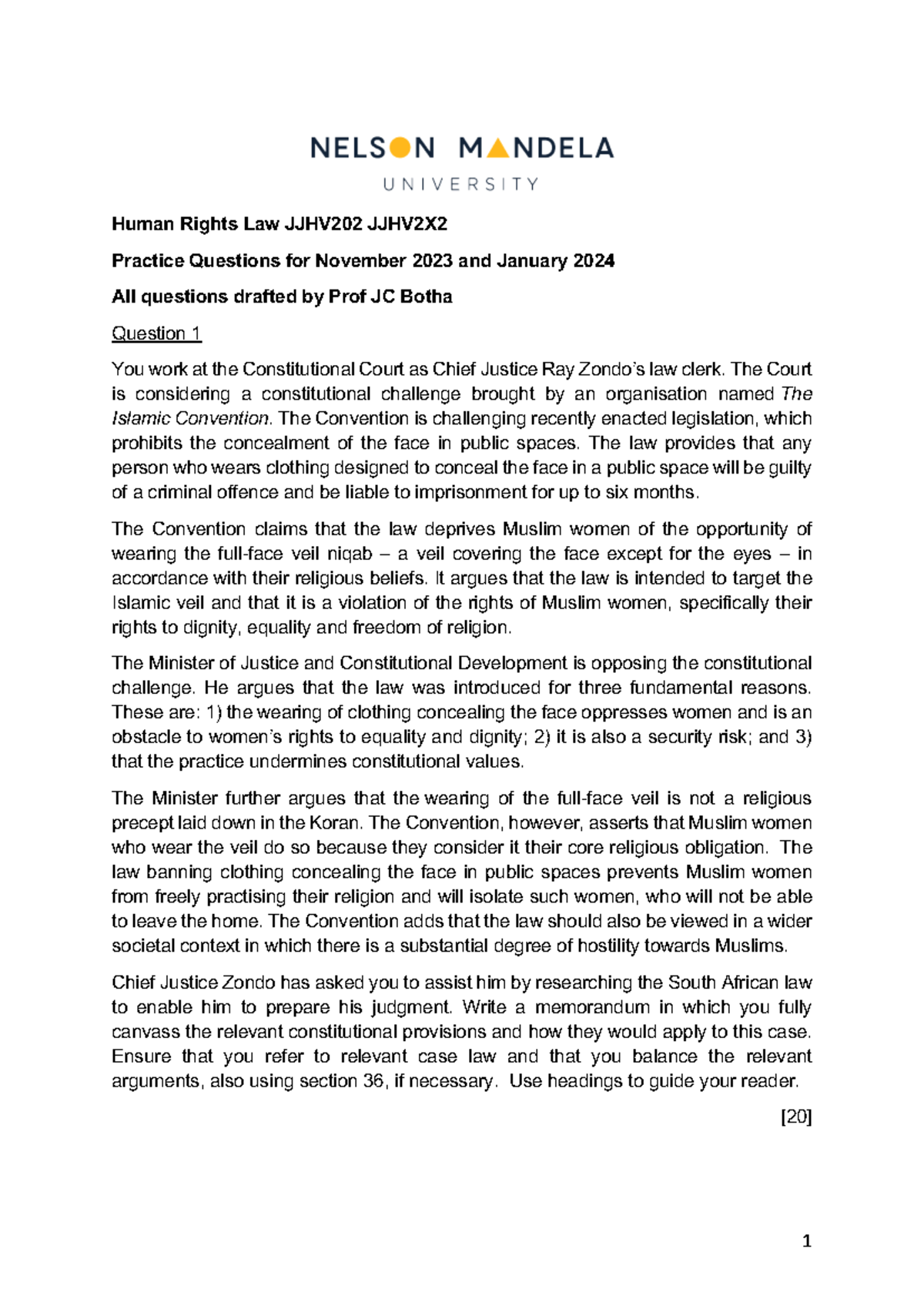 Human Rights Law JJHV202 JJHV2X2 Exam Practice Questions for Nov 2023 ...