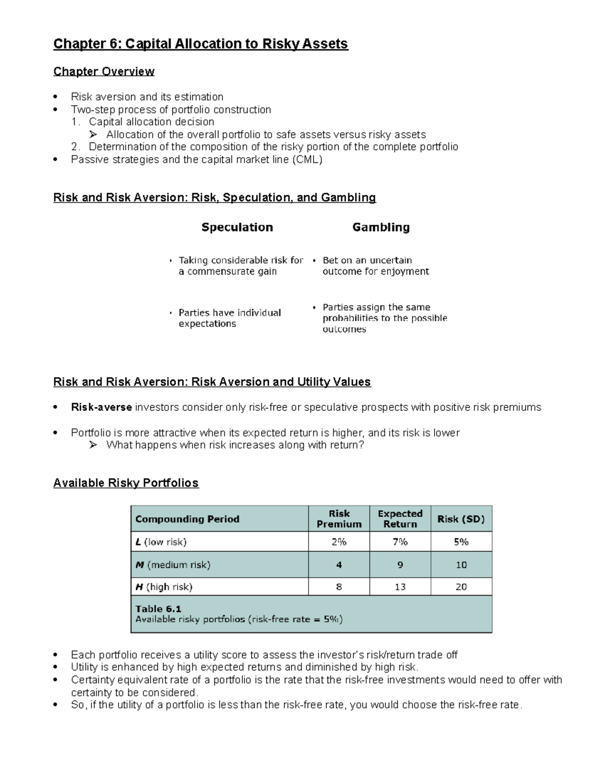 Chapter 6 - Capital Allocation to Risky Assets: Student Notes - Part 1 ...