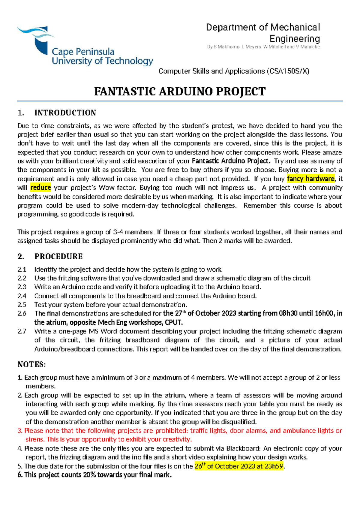 CSA150S/X: Fantastic Arduino Project Guidelines and Requirements - Studocu