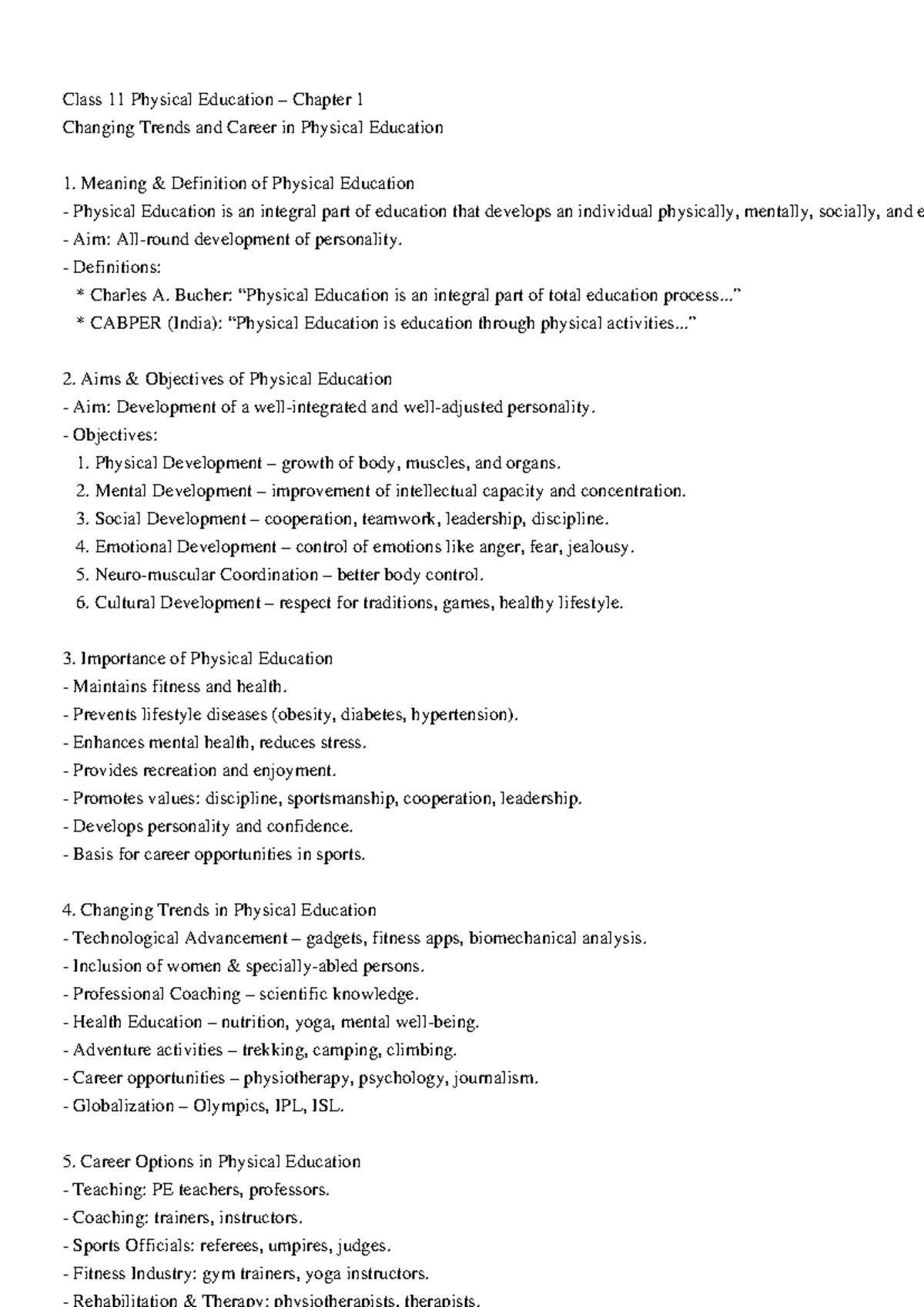 Physical Education Notes Class 11: Ch 1 Trends & Careers - Studocu