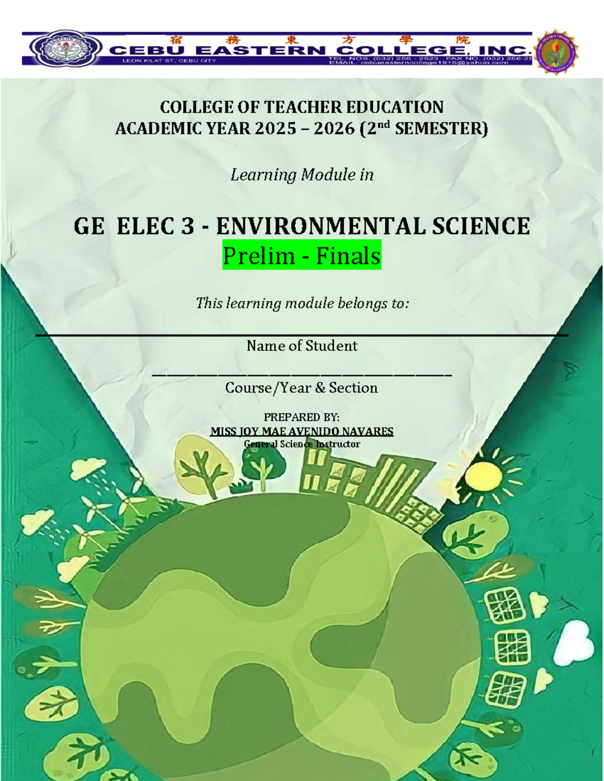 Environmental Science Module GE ELEC 3 Prelim Finals 2025-2026 - Studocu
