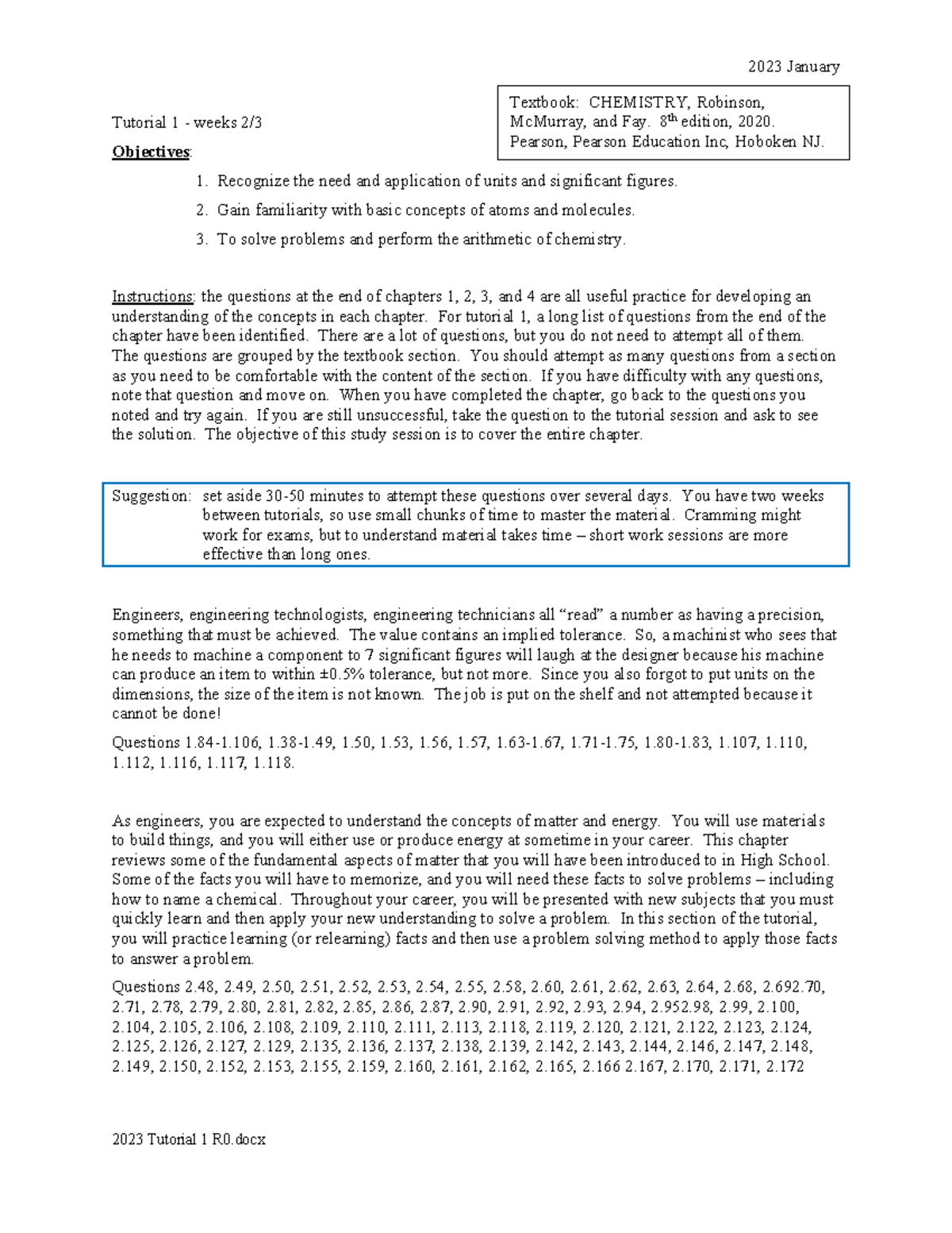 2023 CHEM 101 Tutorial 1: Objectives & Practice Questions - Studocu