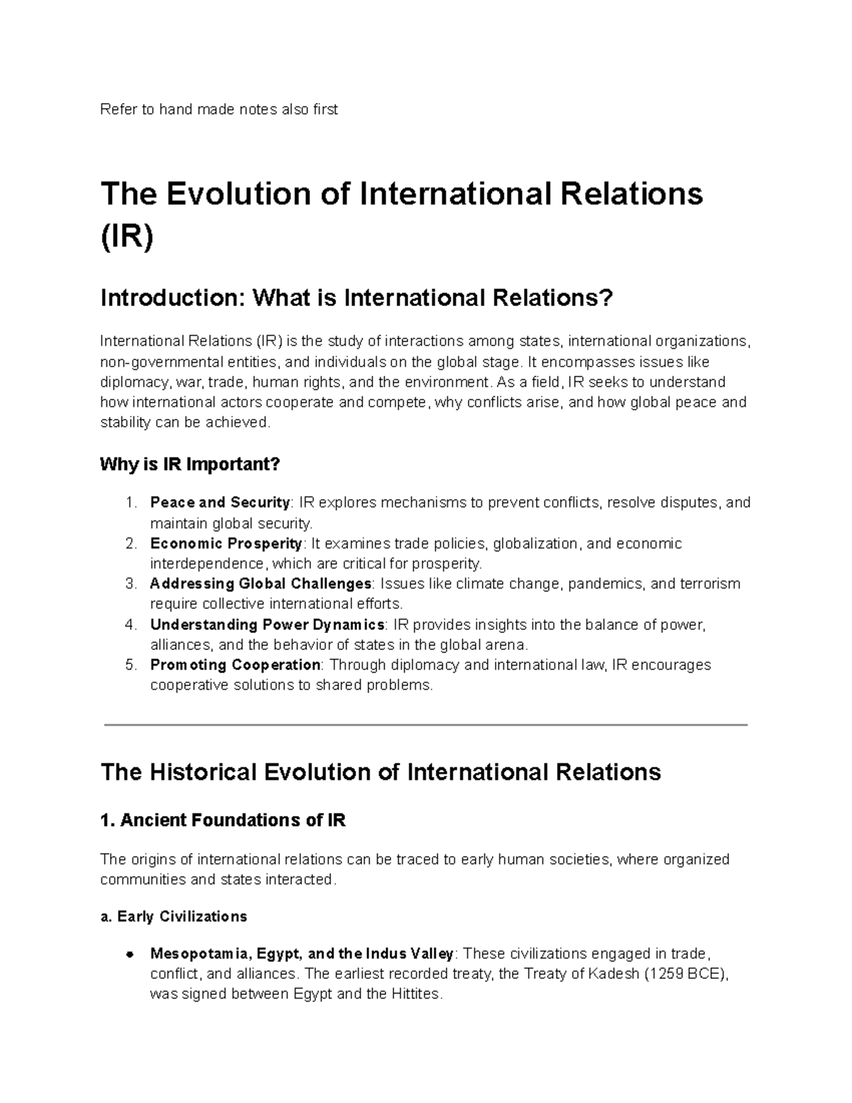 Unit - 1 IR - International Relation 2 yr unit- 1 - Refer to hand made ...