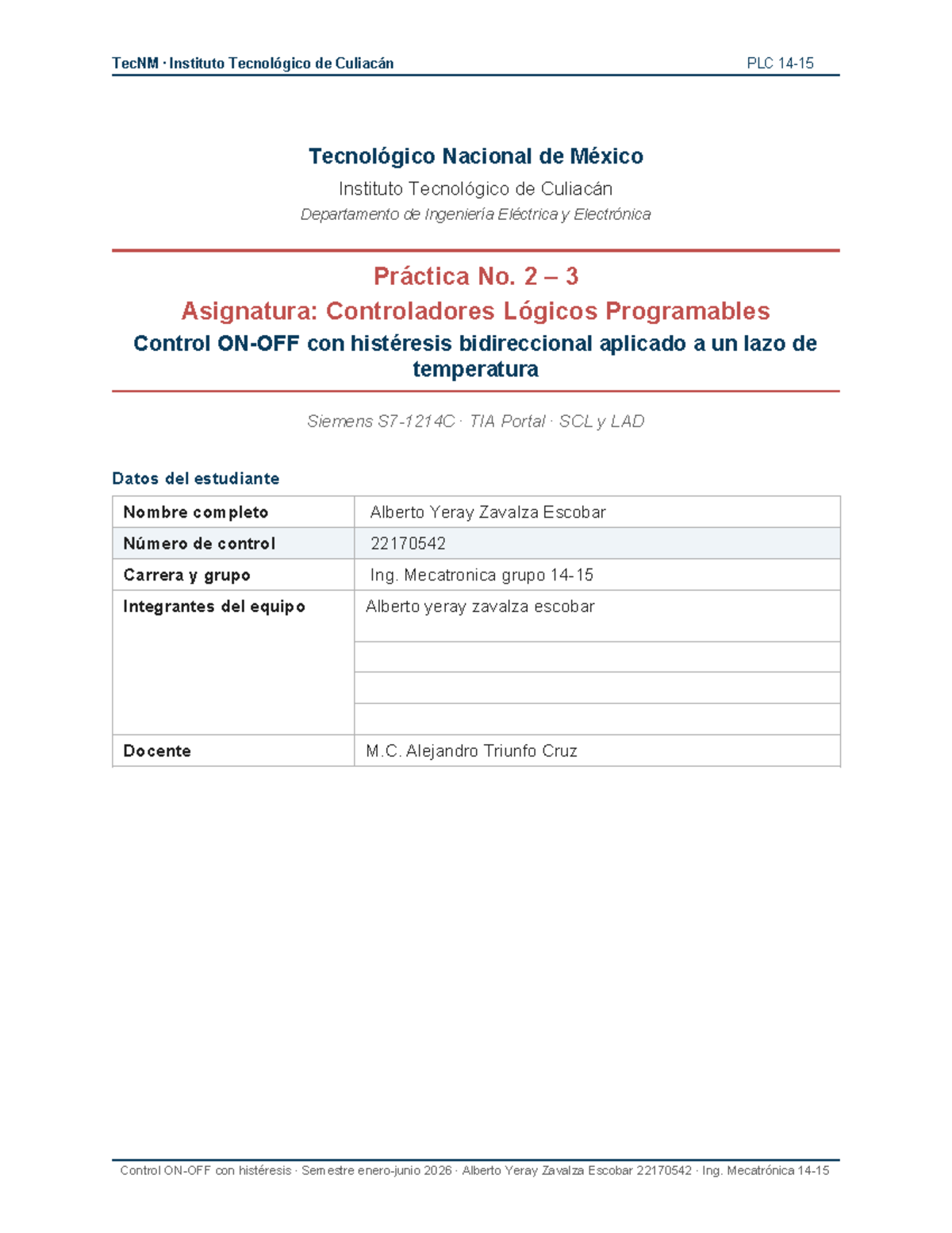 Práctica No. 2-3: Control On/Off con Histéresis en PLC - TecNM - Studocu