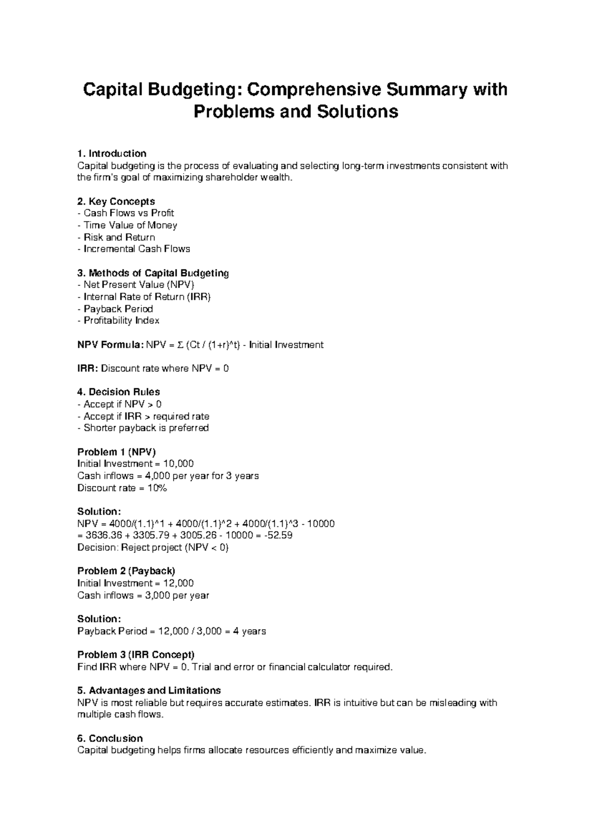 Capital Budgeting: Summary, Problems & Solutions (FIN 101) - Studocu