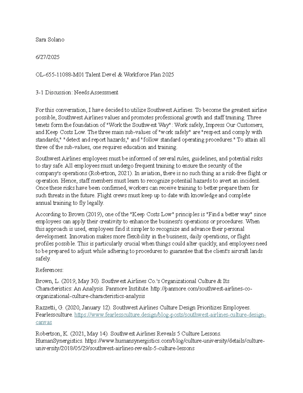 HR 2025 Workforce Development Plan: Southwest Airlines Case Study - Studocu