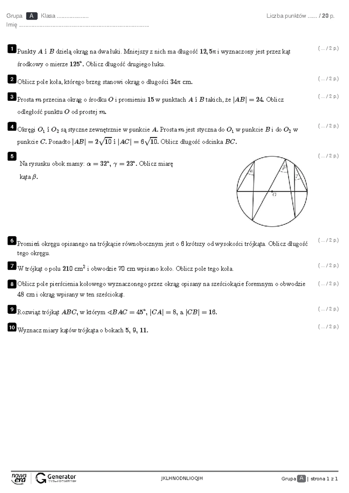 Sprawdzian Matemtyka 1 Liceum Geometria Płaska www.studocu.com