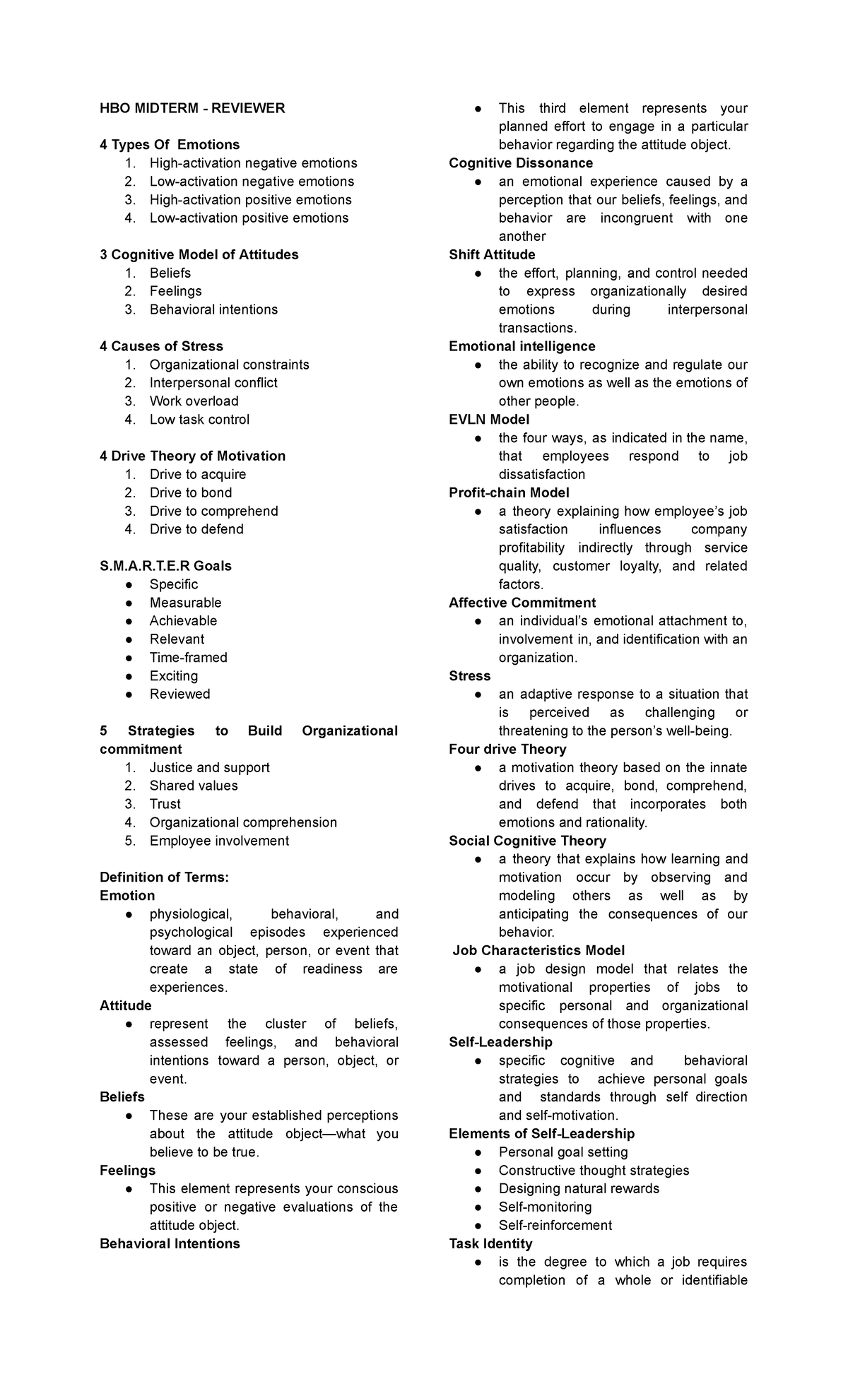 HBO Reviewer - Notes - HBO MIDTERM - REVIEWER 4 Types Of Emotions 1 ...