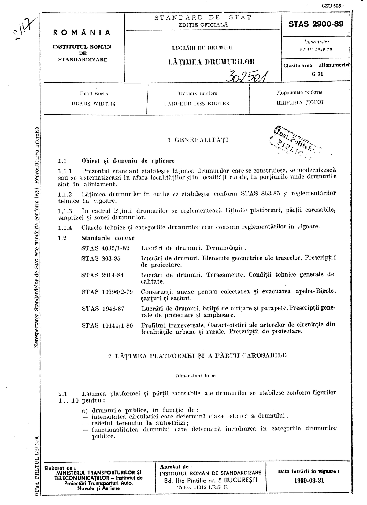 STAS 2900: Standardizare lățimea drumurilor în România - Studocu