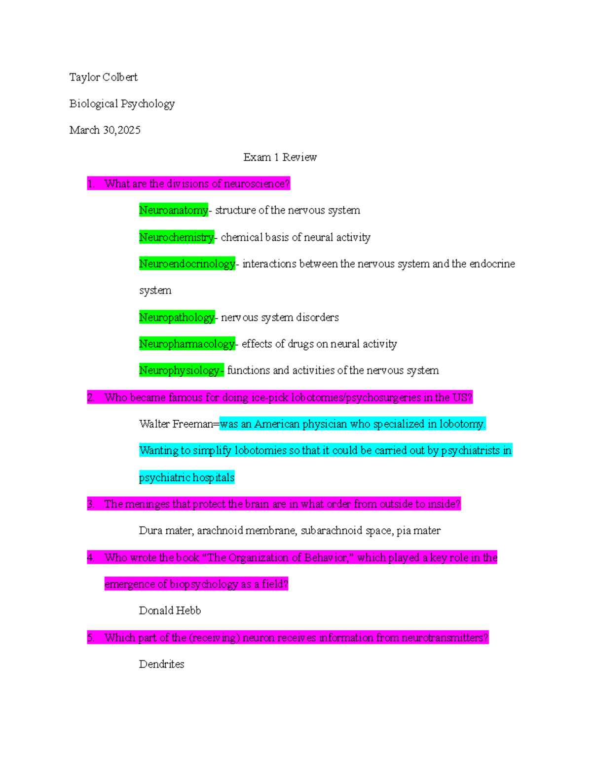 Biological Psychology Exam 1 Review Notes (Course Code: BP101) - Studocu