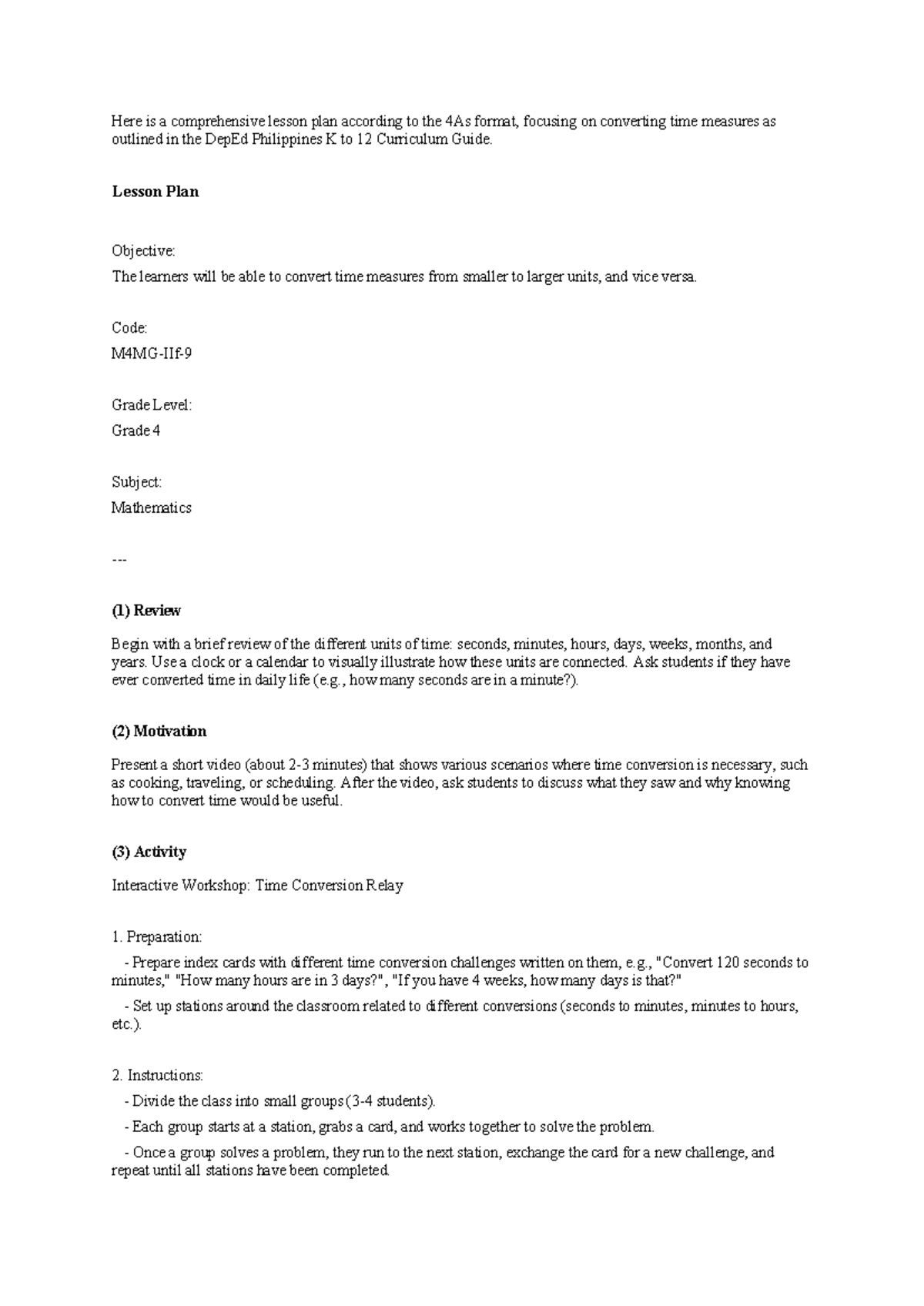 Grade 4 Math Lesson Plan: Time Conversion (4As Format) - Studocu