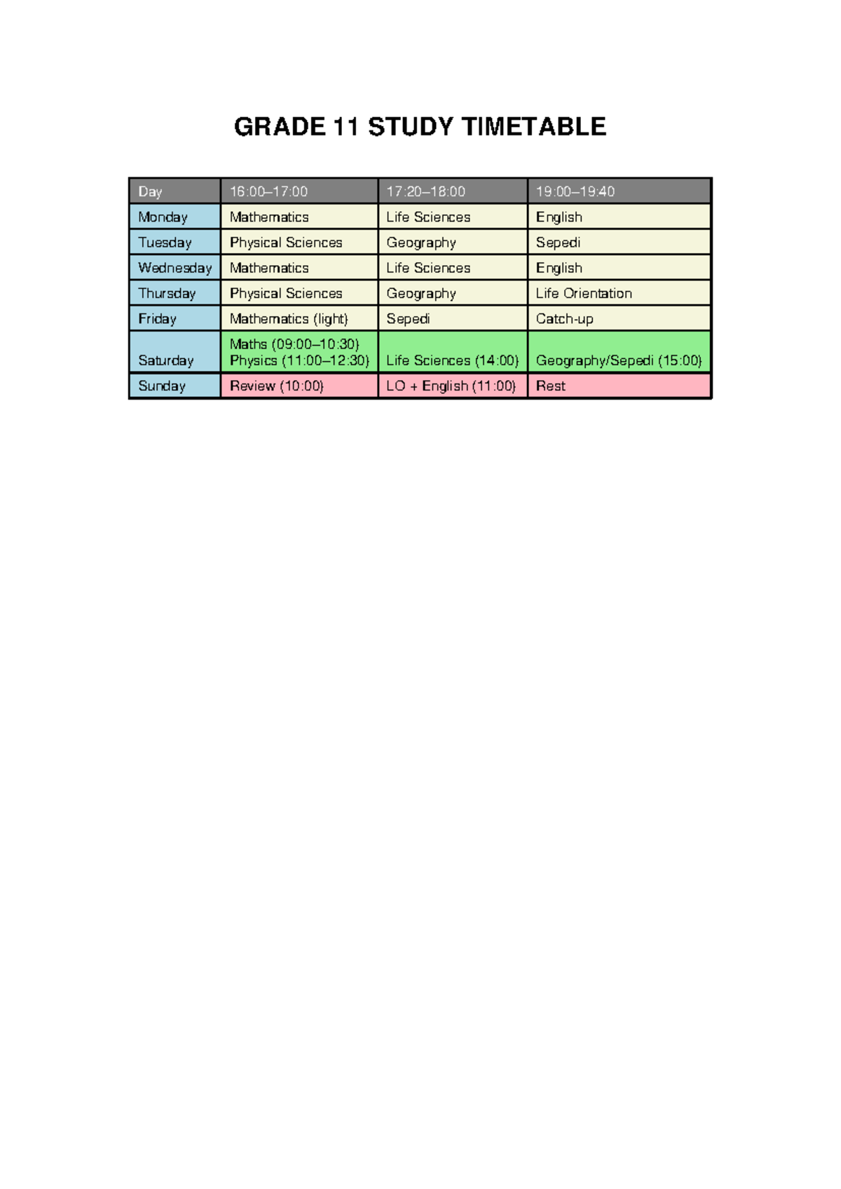 Study timetable - whatever - GRADE 11 STUDY TIMETABLE Day 16:00–17:00 ...