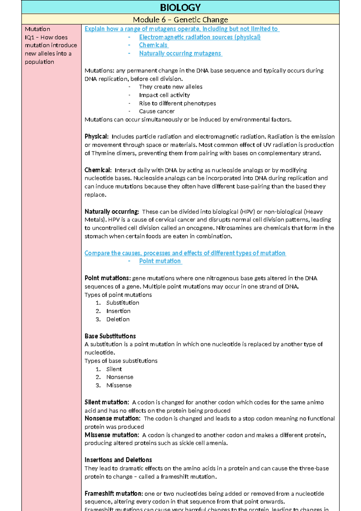 BIOLOGY Module 6 Summary: Mutation and Genetic Change Notes - Studocu
