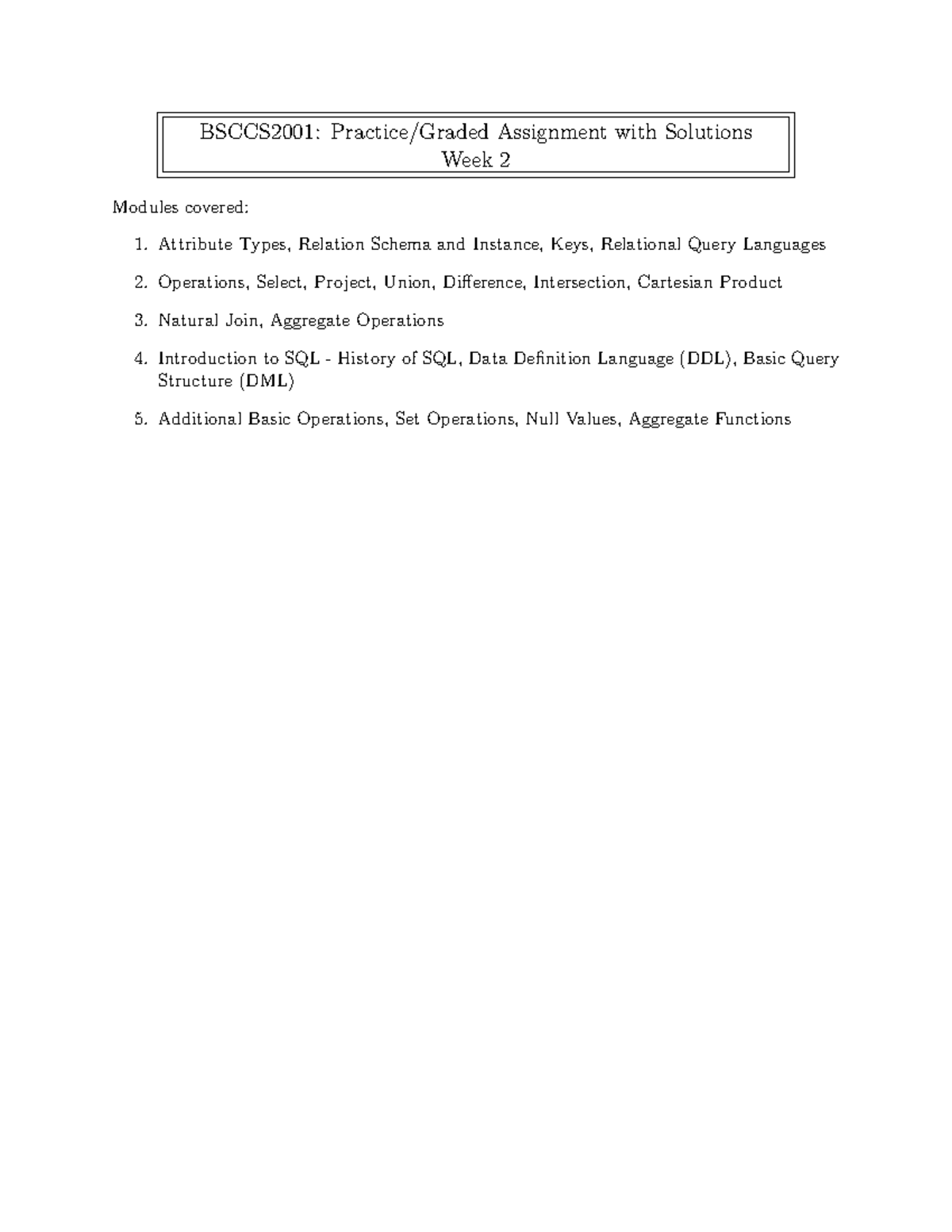 DBMS BSCCS2001 Week 2: Practice Assignment with Solutions - Studocu