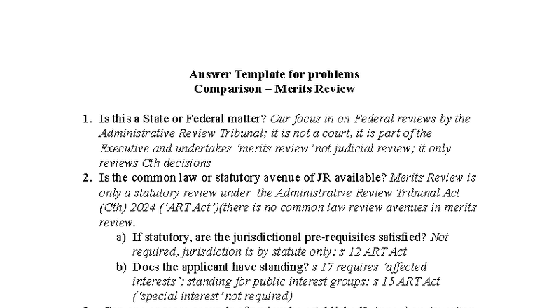 Answer Template for Problems: Separation of Powers Review (Admin Law ...
