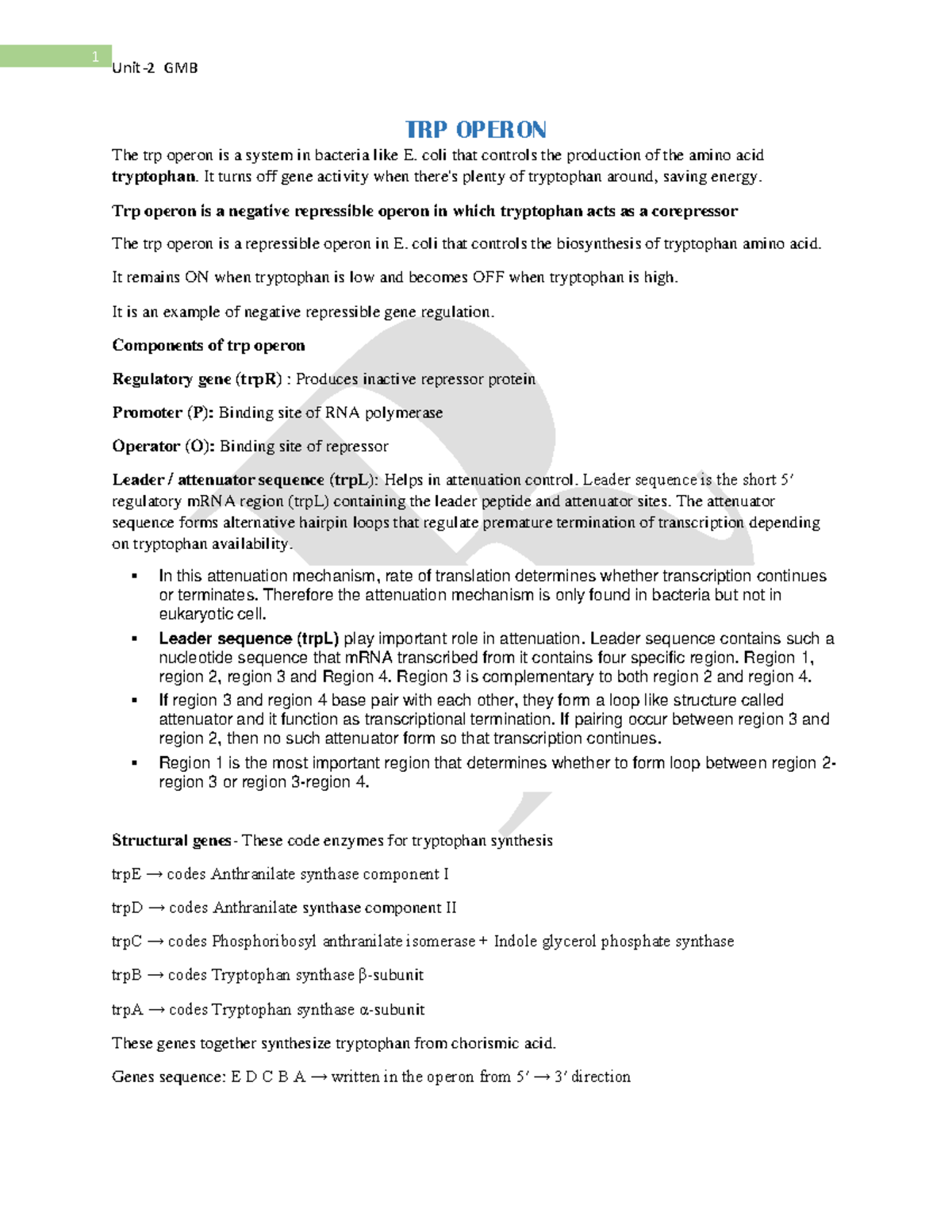 Trp Operon Mechanism - GMB 4 GCRG Institute Notes - Studocu