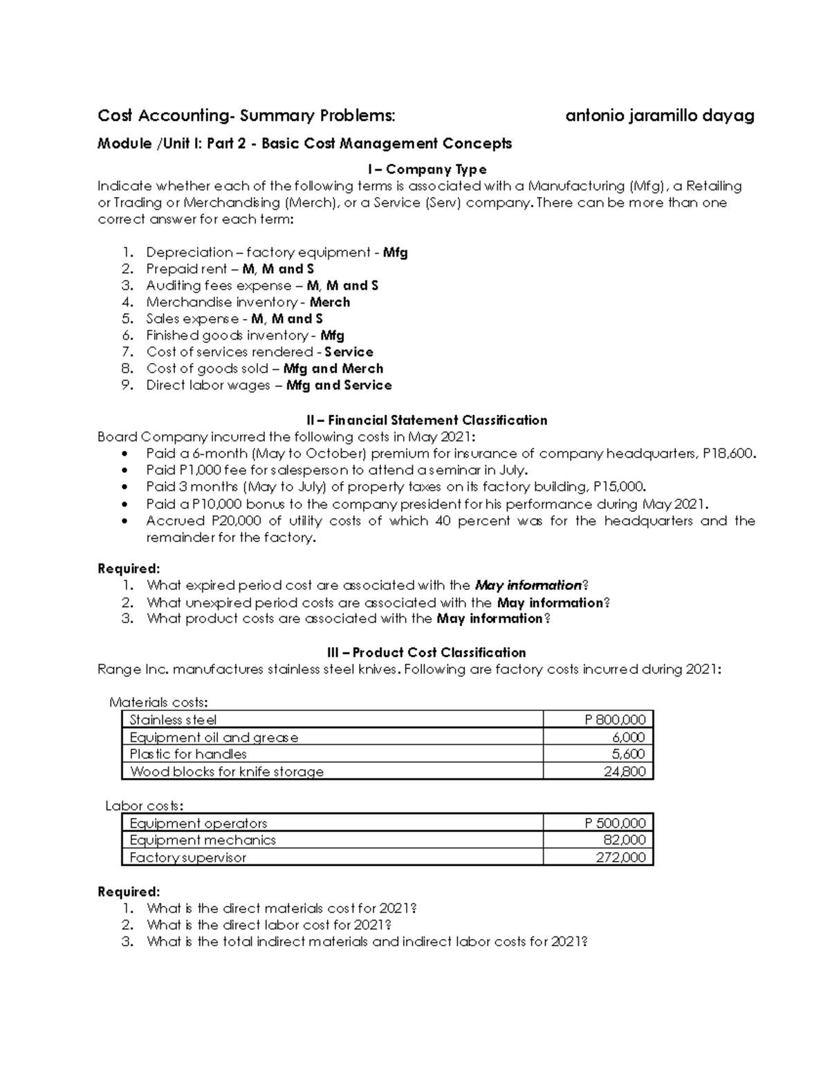 Unit 1 Part 2: Basic Cost Management Concepts - Summary Problems - Studocu