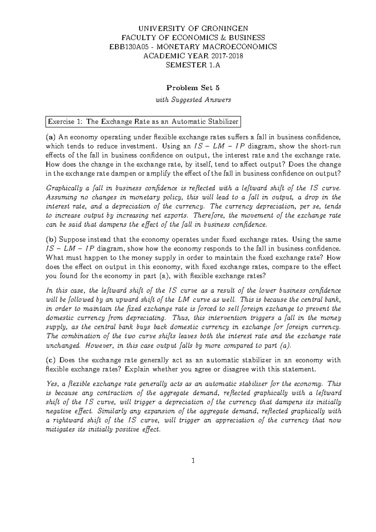 EBB130A05 Monetary Macroeconomics: Tutorial 5 Problem Set Answers ...