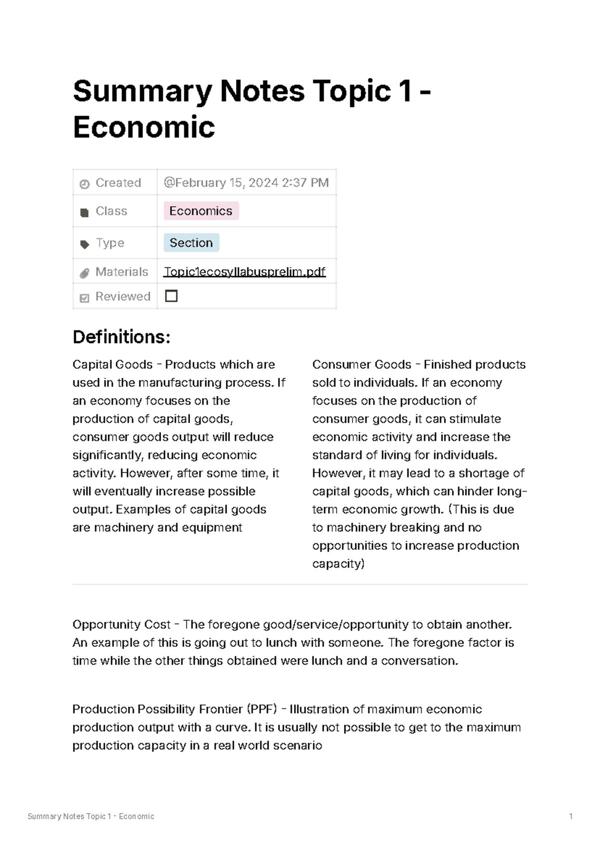 Summary Notes Topic 1: Economic Concepts and Definitions - Studocu