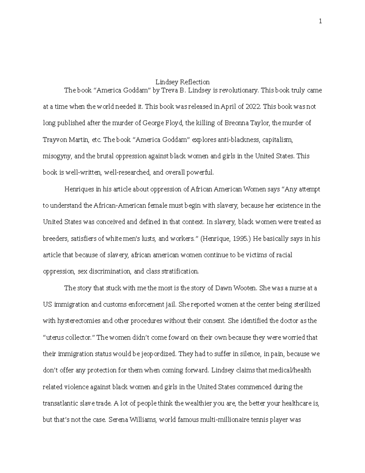 Reflection on Treva B. Lindsey's 