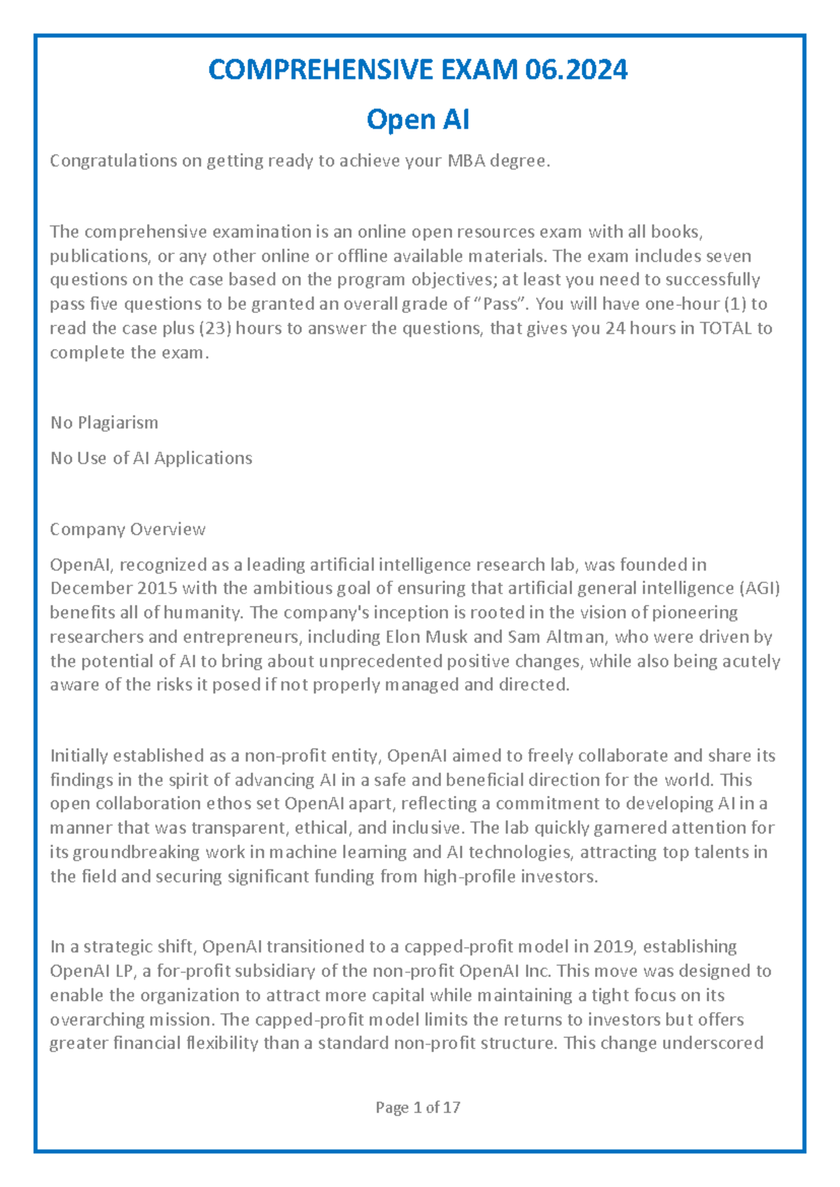 2024.06 Open AI - Comp final exam OPen AI case - COMPREHENSIVE EXAM 06 ...