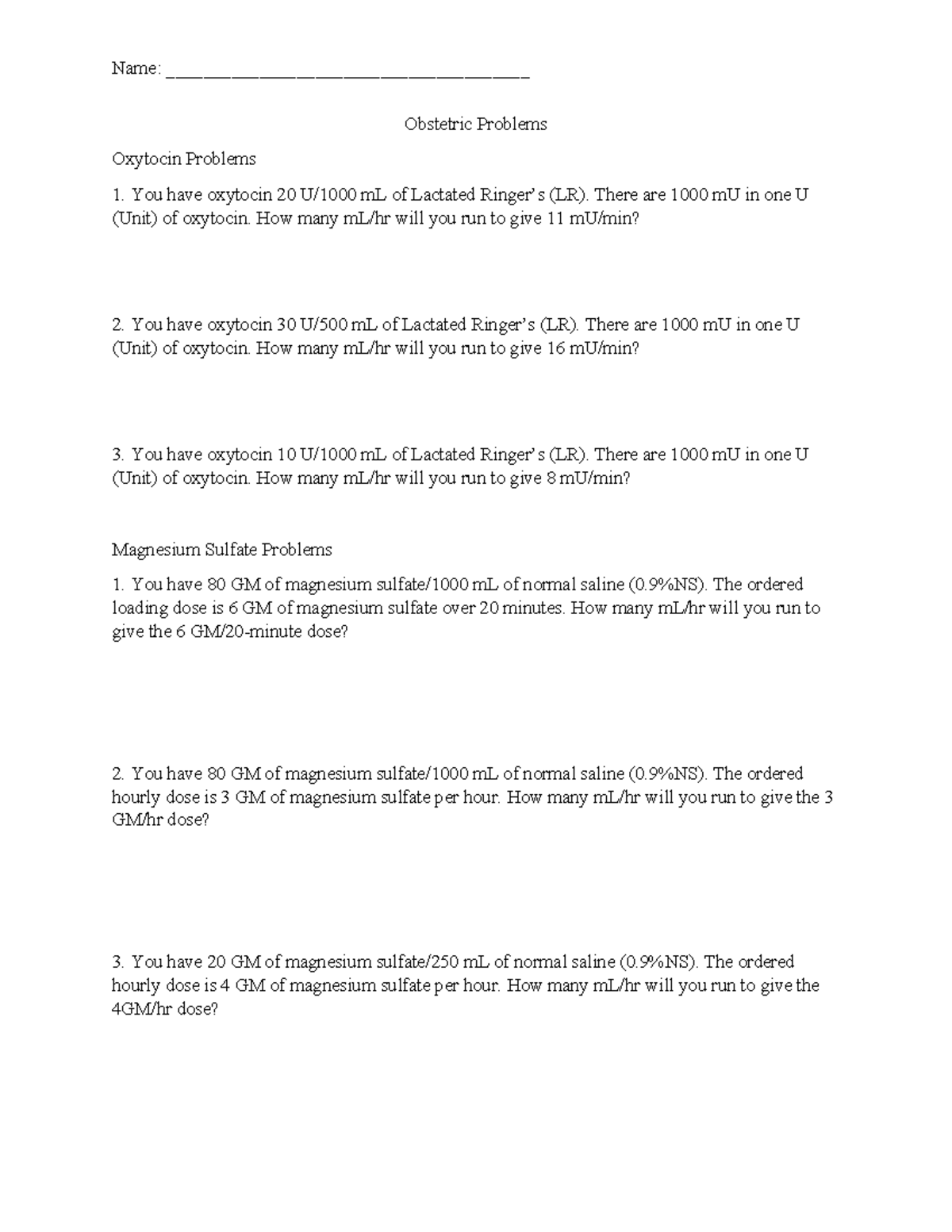 OB Dosage CALC Questions: Oxytocin & Magnesium Problems - Studocu