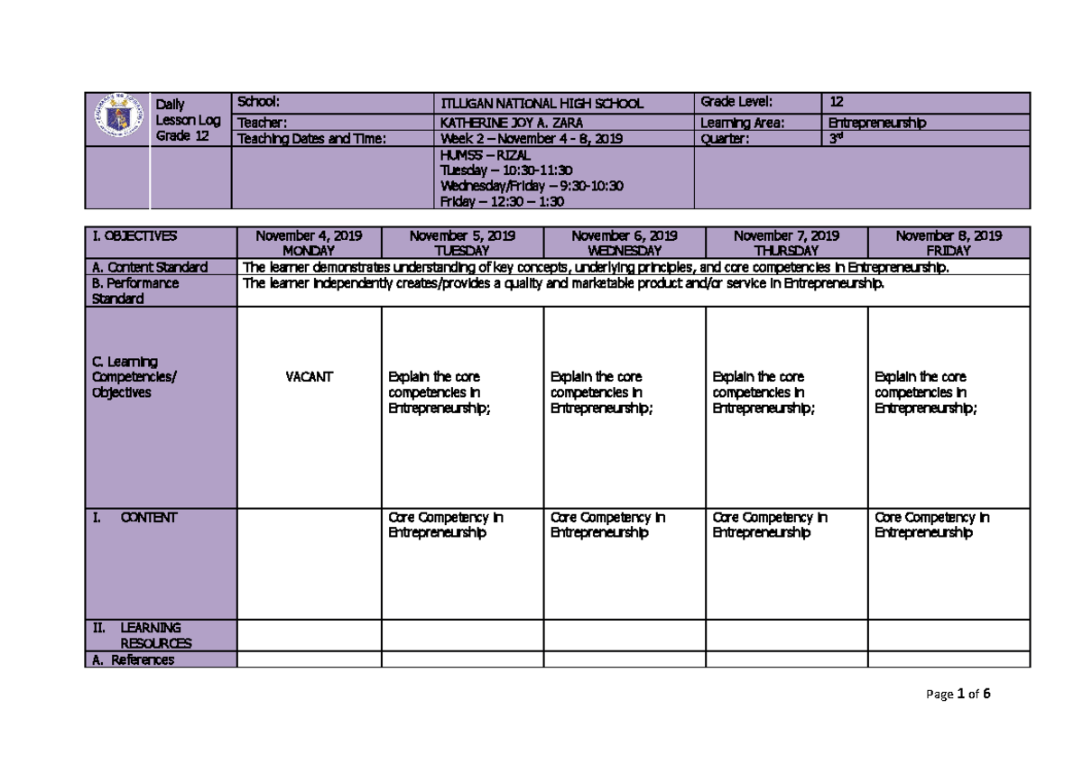 DLL Entrep Week 2 - Daily Lesson Log for Entrepreneurship 12 - Studocu