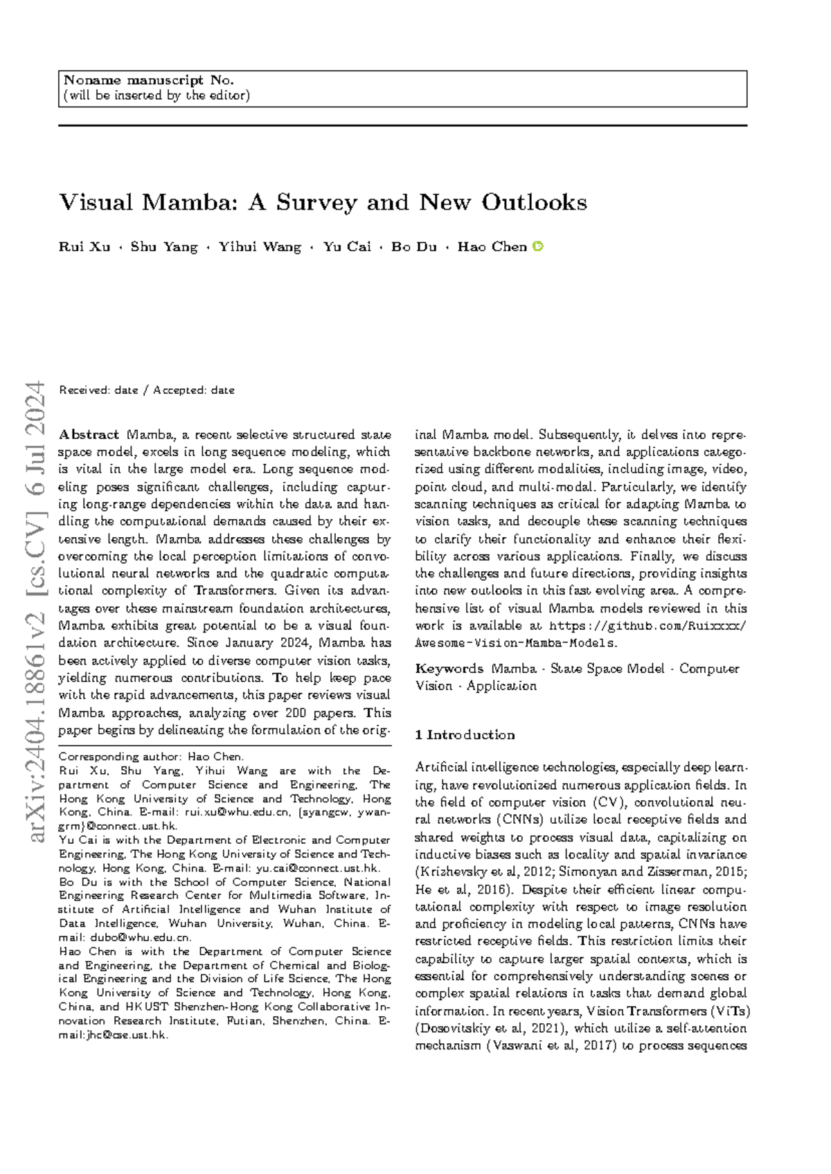 Visual Mamba A Survey and New Outlooks - Noname manuscript No. (will be ...