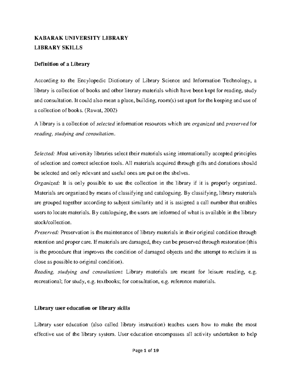 KABARAK UNIVERSITY LIBRARY SKILLS NOTES - 2021 - Studocu