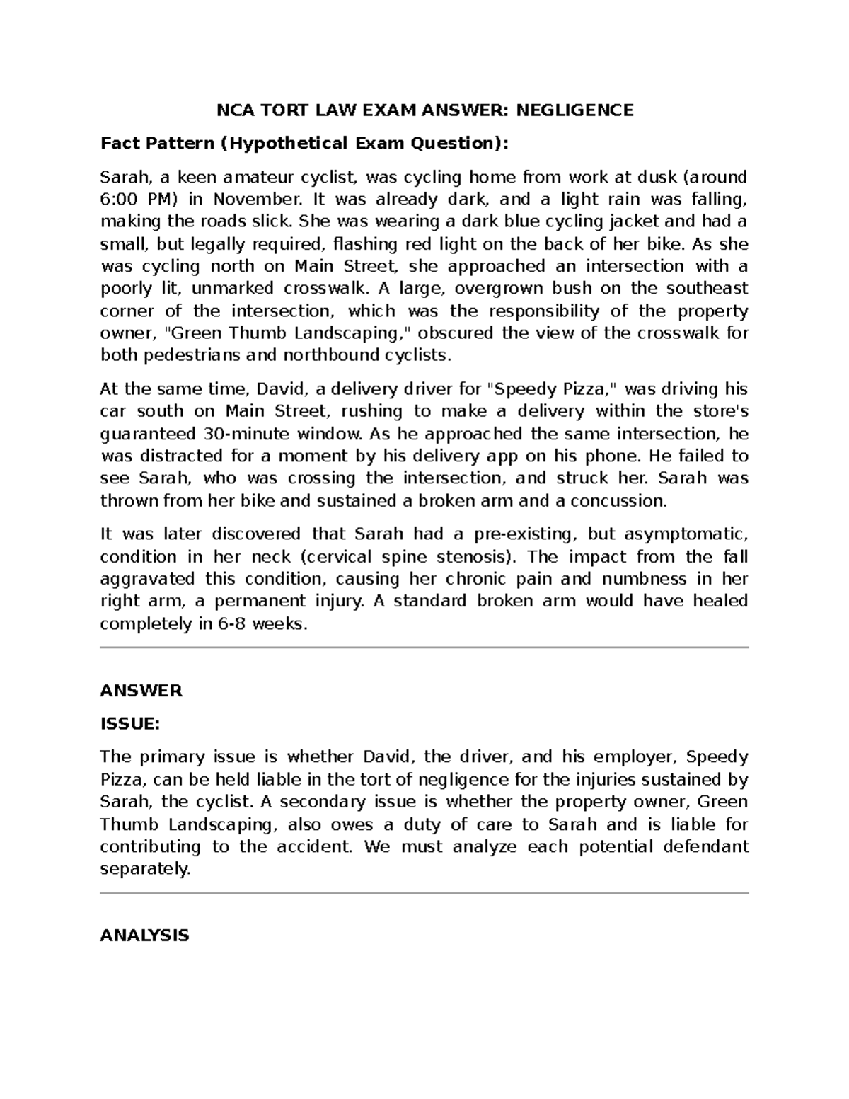 NCA TORT LAW FINAL EXAM ANSWER: NEGLIGENCE Case Analysis - Studocu