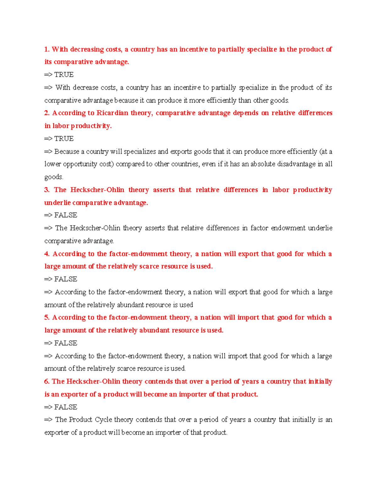True/False Questions on Comparative Advantage - Chapter 3 - Studocu