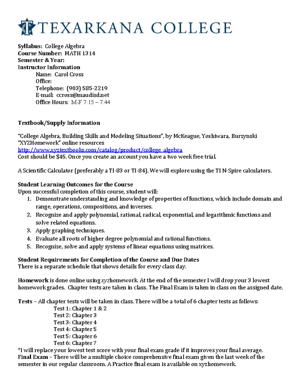MATH 1314 Syllabus: College Algebra Course Overview and Policies - Studocu