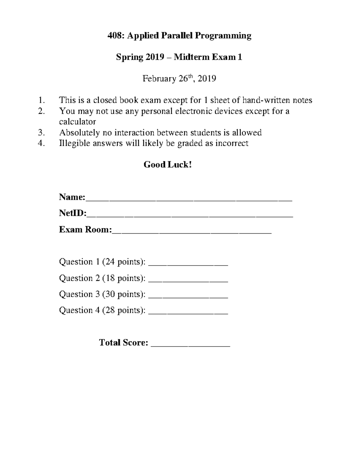 ECE408 SP19 Midterm Exam 1 Solutions: Applied Parallel Programming ...