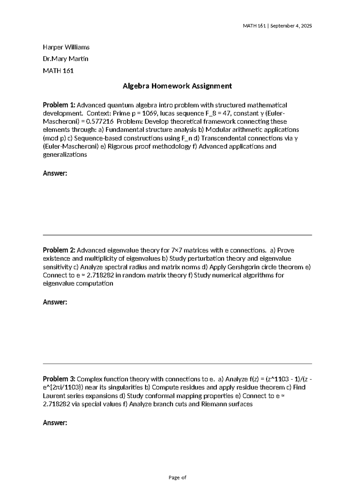 MATH 161 Advanced Algebra Homework Assignment - September 2025 - Studocu