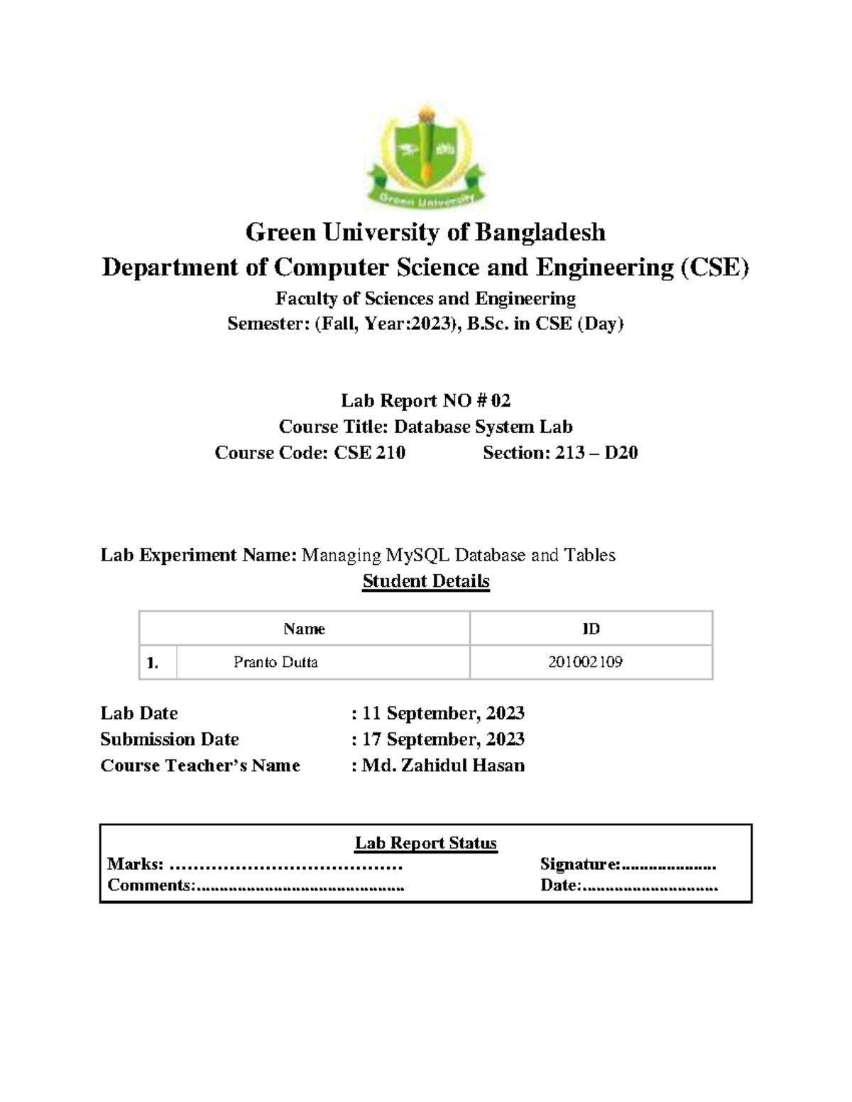 DS Lab report 02 - Green University of Bangladesh Department of ...