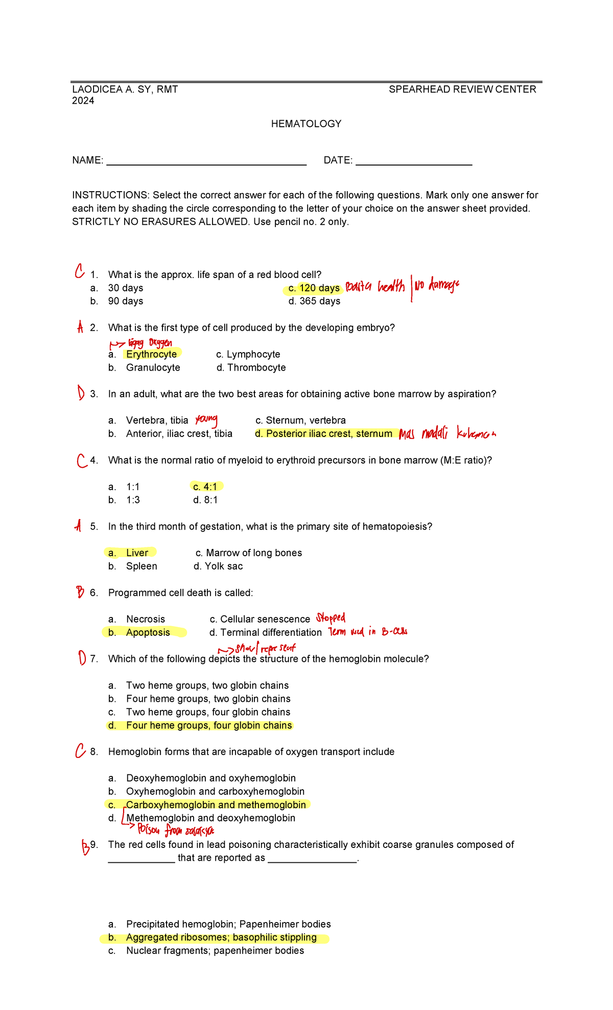 Hematology EXAM Ratio 2024: Comprehensive Review and Practice - Studocu