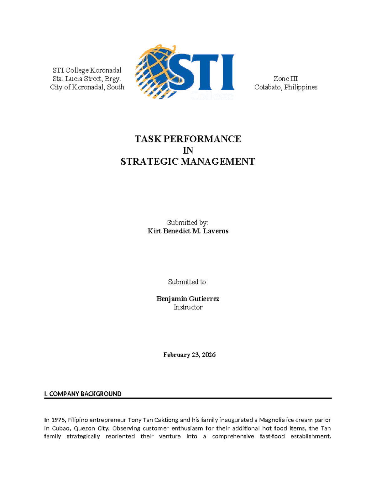 STI College Koronadal: Task Performance in Strategic Management - Studocu
