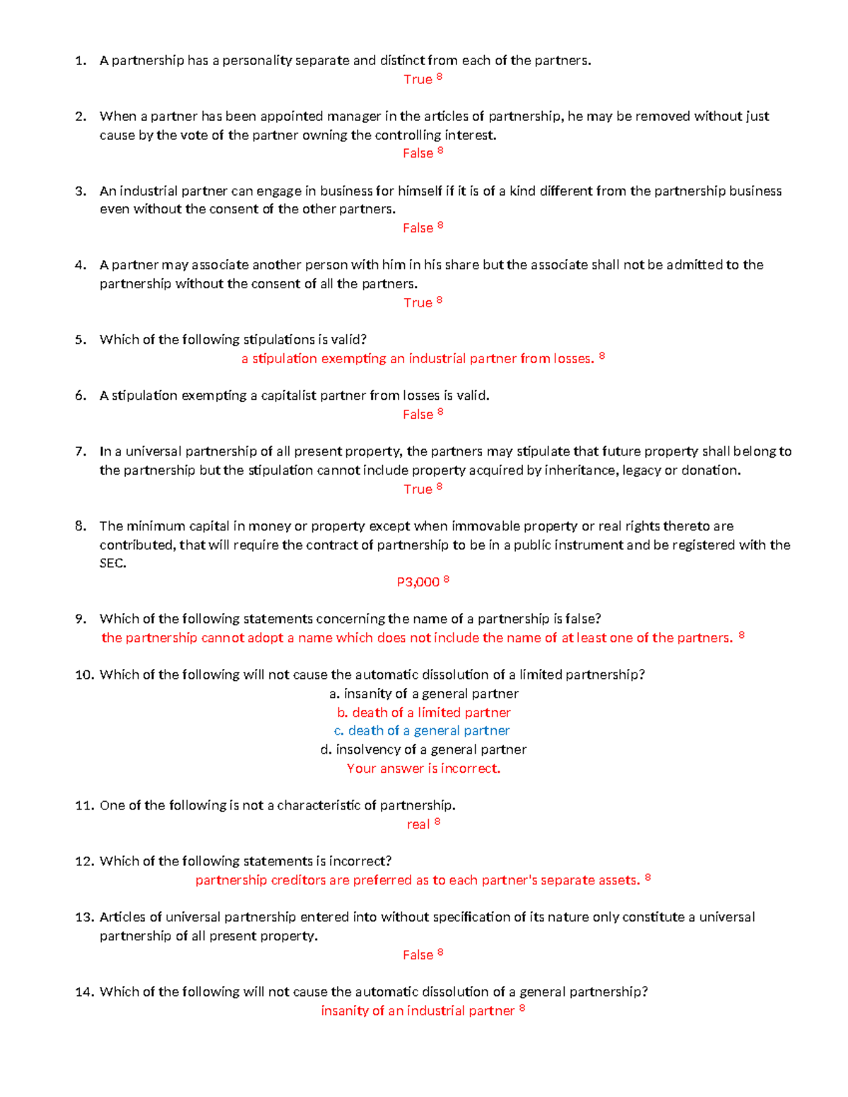 LAW6149: Partnership Principles and True/False Quiz Analysis - Document Preview