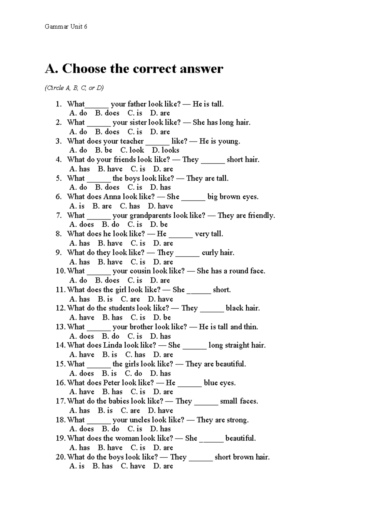 Grammar Unit 6: Choose the Correct Answer & Reorder Words - Studocu