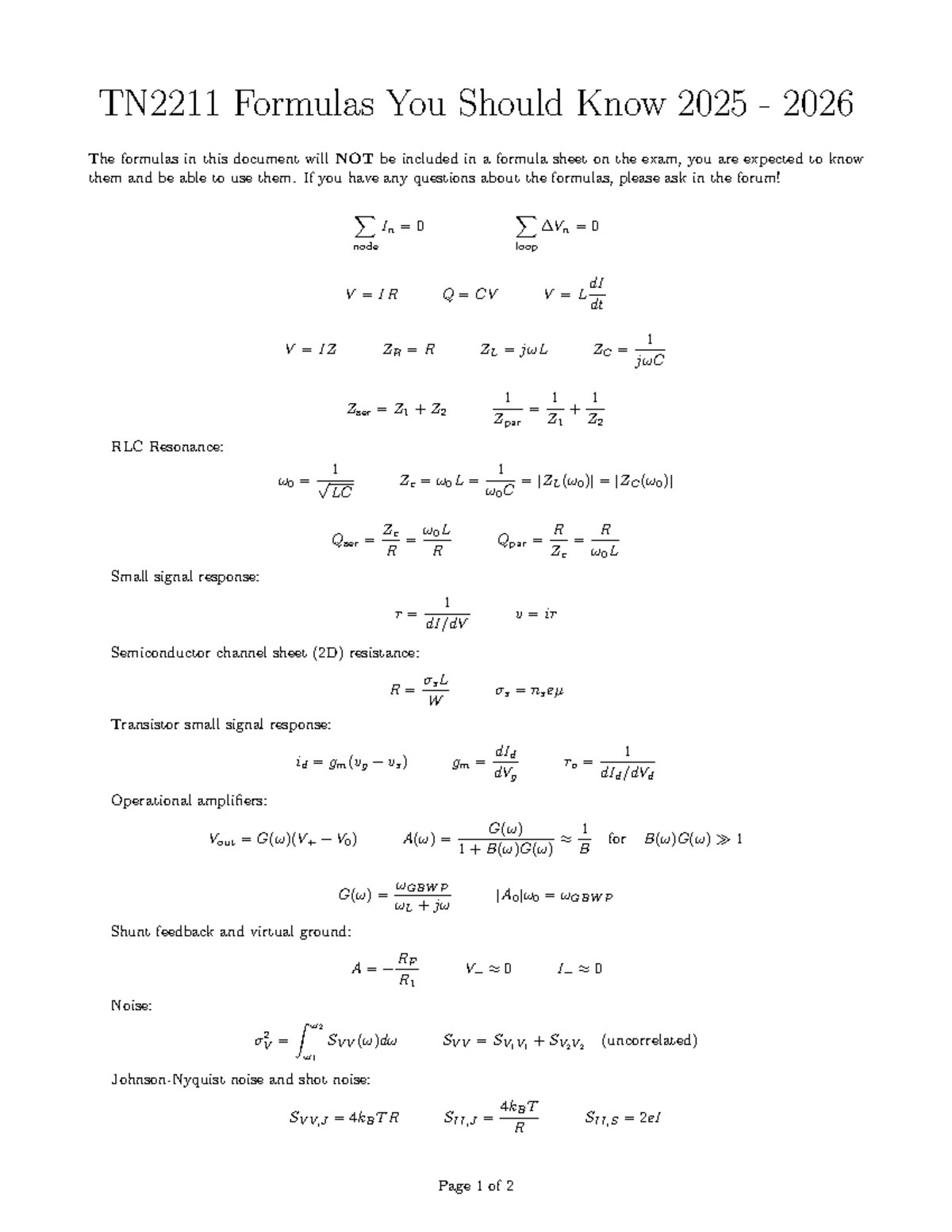 TN2211 Essential Formulas for 2025-2026 Exam Preparation - Studeersnel