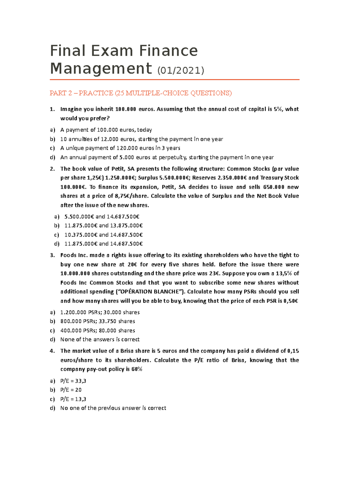 Final Exam Finance Management Q&A (01/2021) - Studocu
