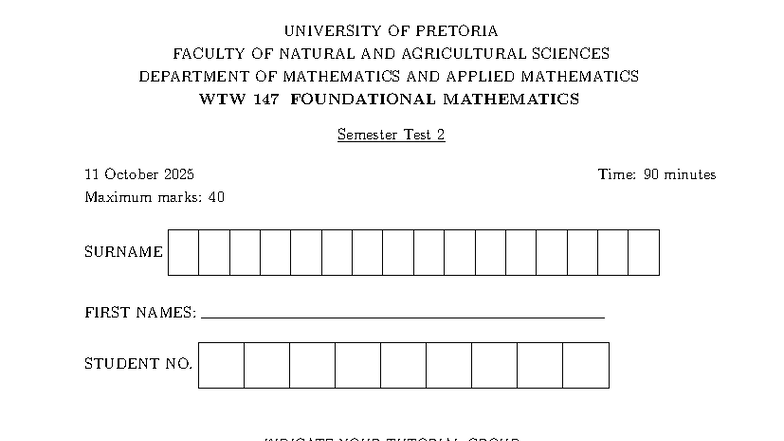 WTW 147 Foundational Mathematics Semester Test 2 - 2025 - Studocu