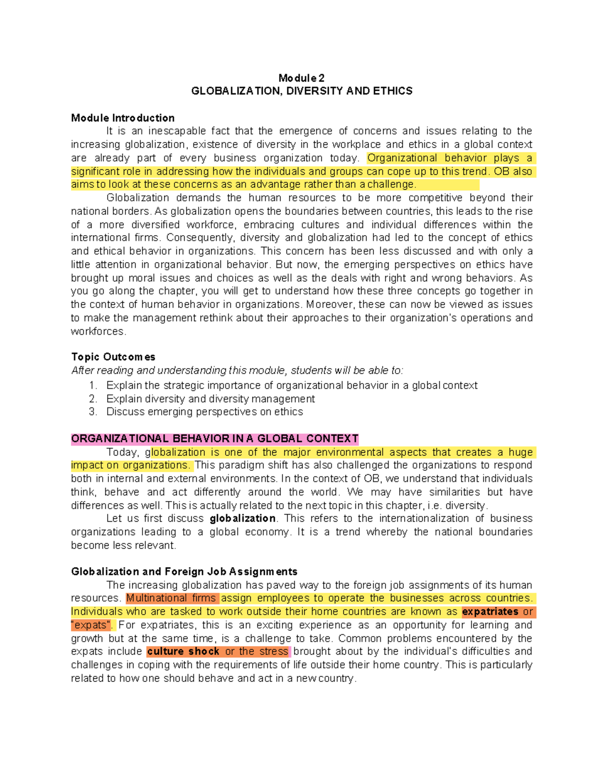 Module 2 - Globalization, Diversity, and Ethics in Organizational ...