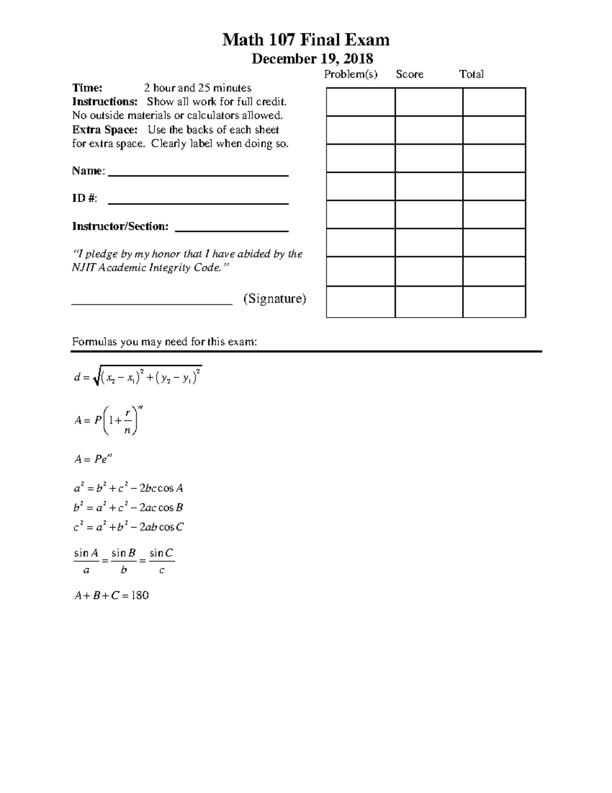 Math 107 Final Exam Review Questions and Solutions F18 - Studocu