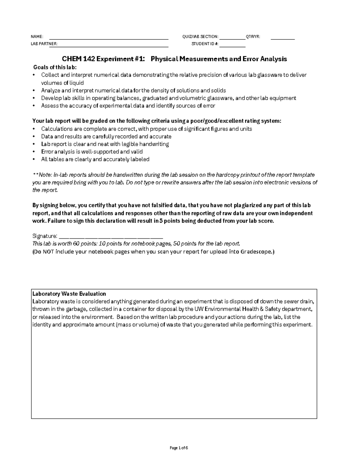 CHEM 142 Lab Report: Physical Measurements & Error Analysis - Studocu