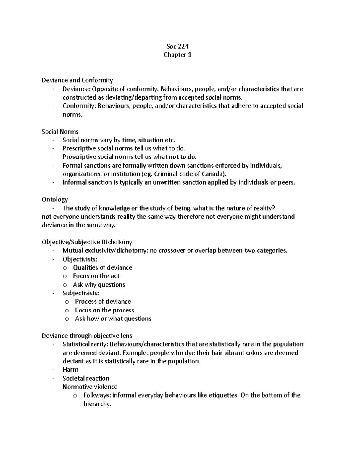 Chapter 1 - lecture notes - Soc 224 Chapter 1 Deviance and Conformity ...