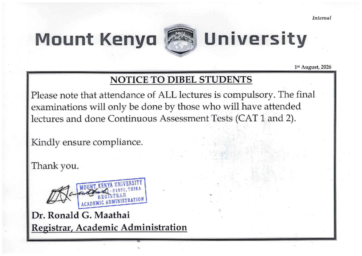 Notice to Dibel Students - Attendance & Exam Policy MKU - Studocu